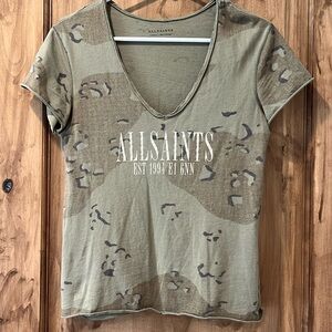 ALL SAINTS Tshirt- olive green V-neck. Super soft cotton. XS.